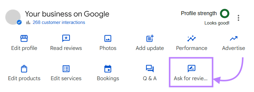 The dashboard shows options to edit your profile, add photos, look at performance, and ask for reviews.