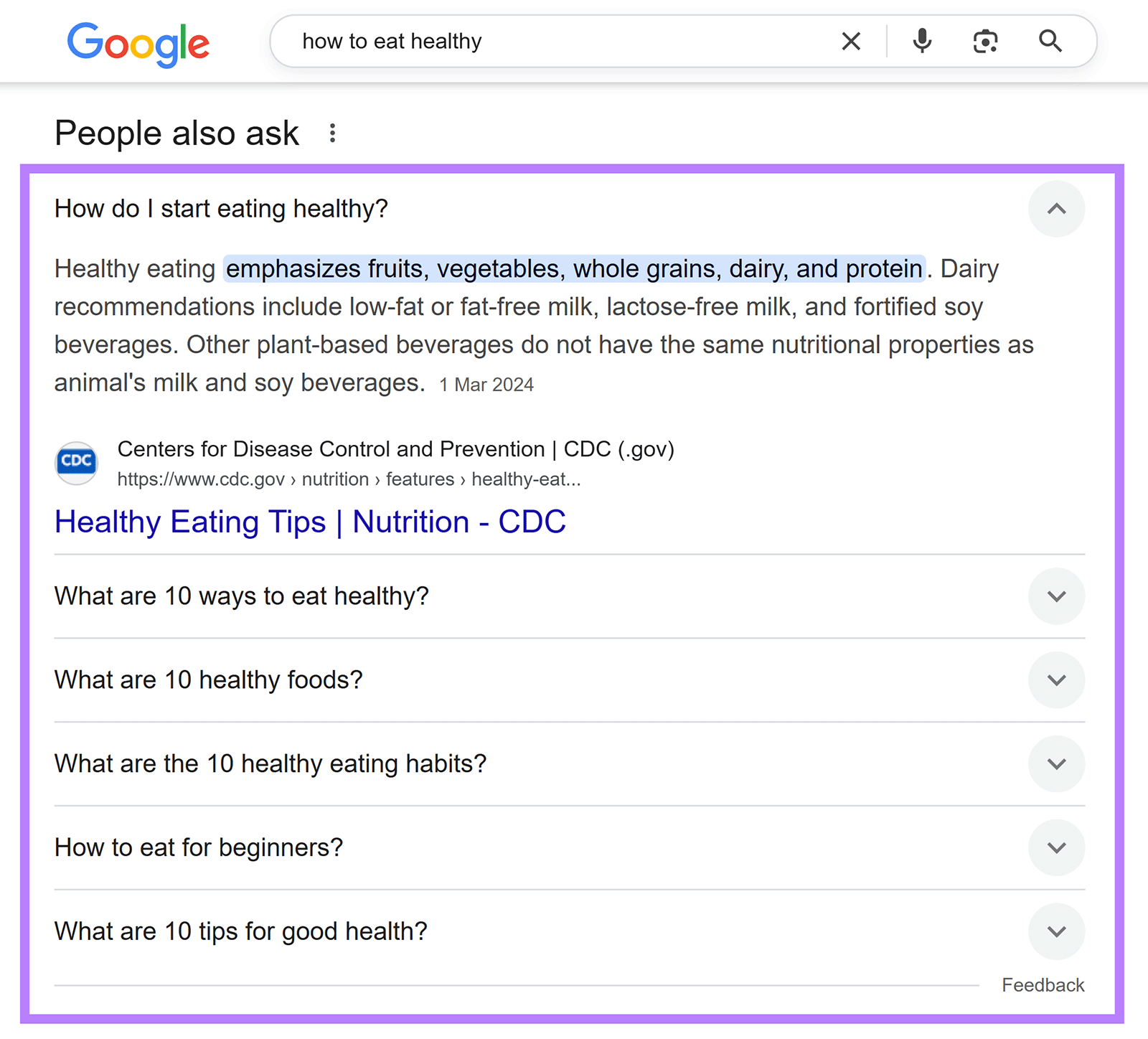 Google “People Also Ask” section for “how to eat healthy,” with the answer box and list of questions outlined