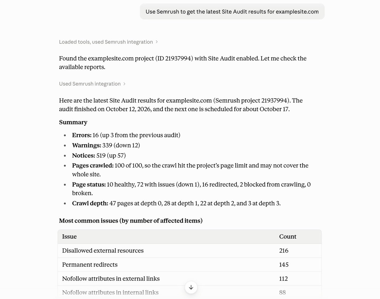Site Audit data from a Semrush account for a domain on Claude.