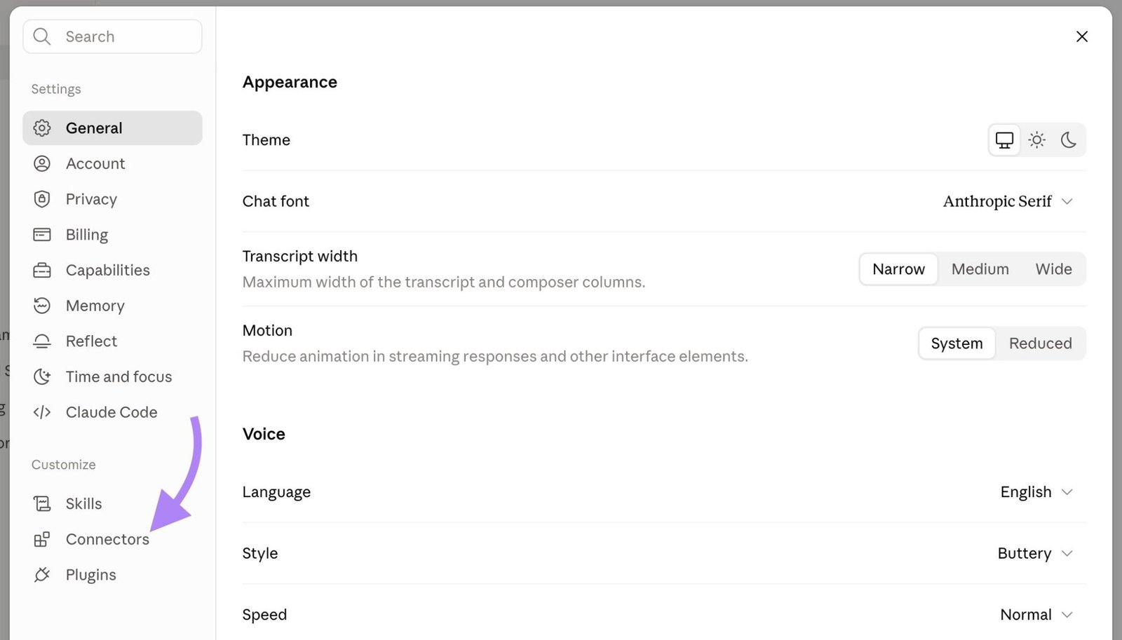 Settings on Claude with "Connectors" selected from the left sidebar.
