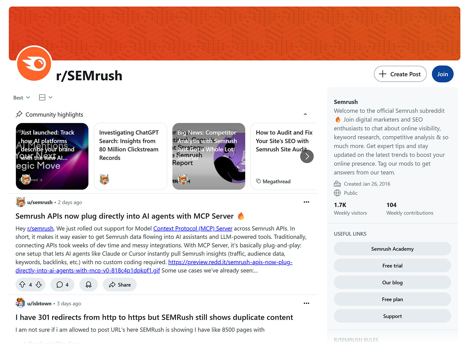 r/SEMrush subreddit page with posts and community highlights.