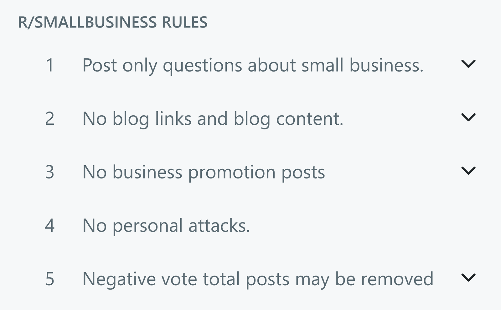 List of r/smallbusiness subreddit rules with five posting restrictions.
