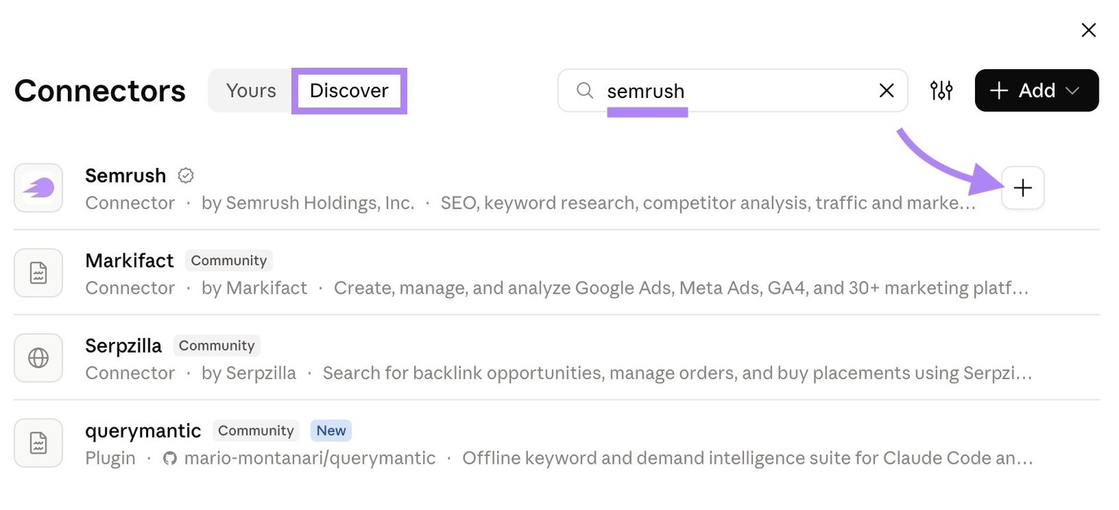 The "Discover" tab of Connectors on Claude with "semrush" entered and the “+” next to the Semrush connector clicked.